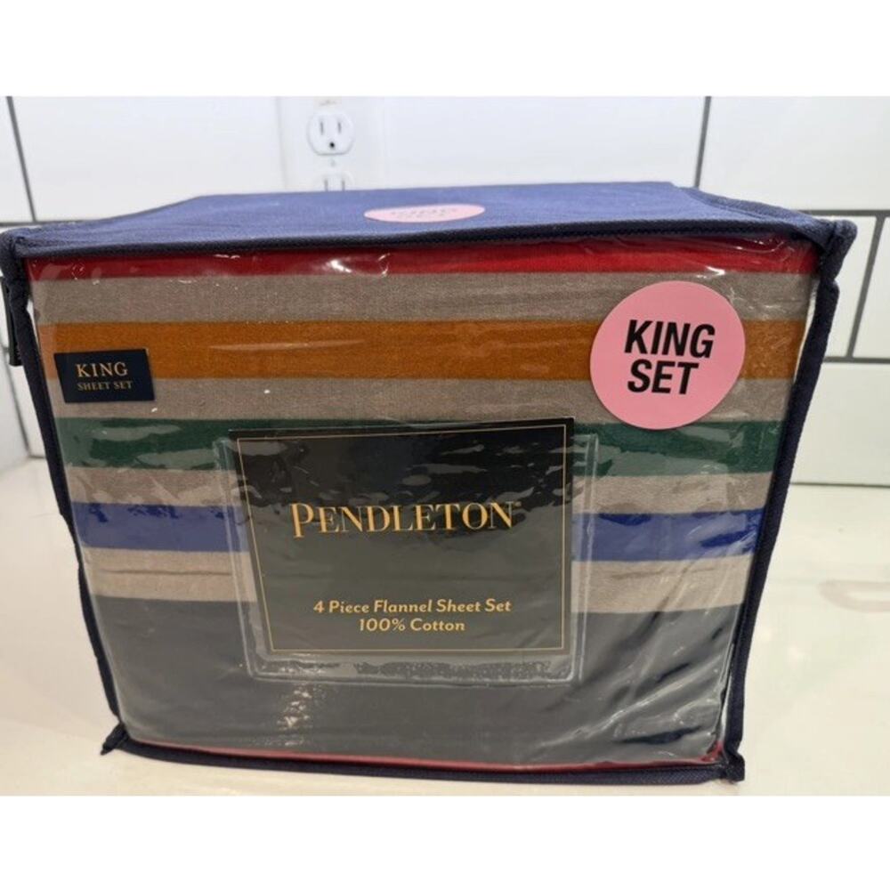 Pendleton Yellowstone King 4 Piece Flannel Sheet Set Multi Stripe Gray Blue NEW